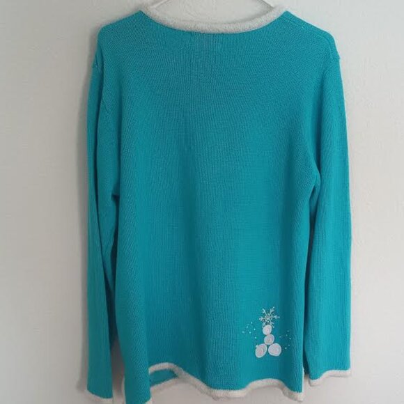 QUACKER FACTORY WOMEN'S LIGHT UP CHRISTMAS SWEATER TURQUOISE WHITE SNOWMAN LARGE - Picture 2 of 6